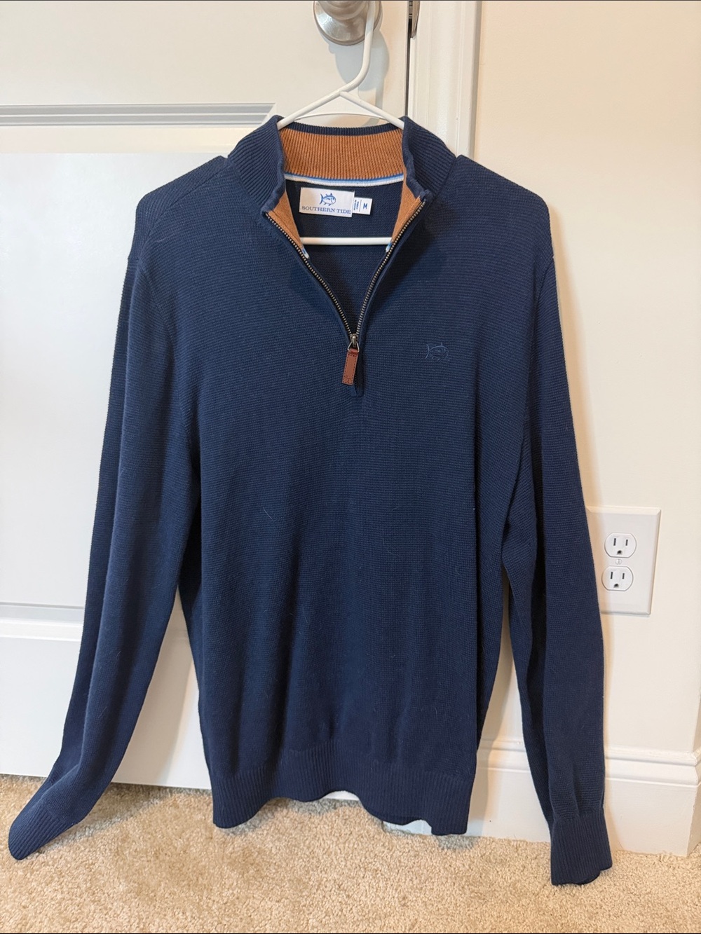 Southern Tide Navy Quarter-Zip Sweater with Tan Contrast Collar